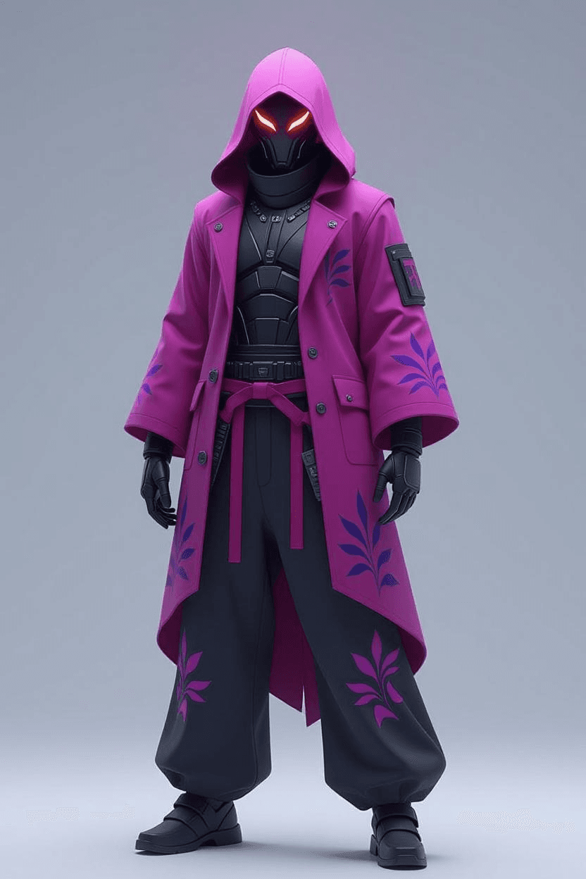 3D rendering of a Chinese style mecha warrior, tall and thin, wearing a pink and purple hooded suit, the clothing incorporates plant violet elements, hip-hop style, fashionable and elegant. The warrior's eyes are cool and electric, and his posture is elegant. He is suspended in a white and clean stage background with bright colors, presenting an overall cool and elegant atmosphere. Close-up, high contrast.