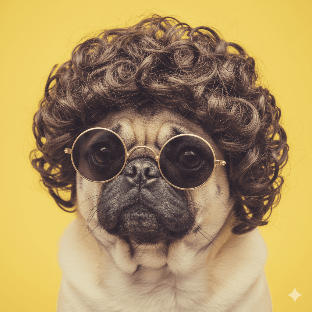Retro style photo of a small pug wearing round retro sunglasses and a black or dark brown curly wig. The background is pure yellow, very bright, creating a lively atmosphere. The dog's expression is natural, his eyes are smart, and he seems to be looking at the camera curiously. High-definition realistic photography, close-up.