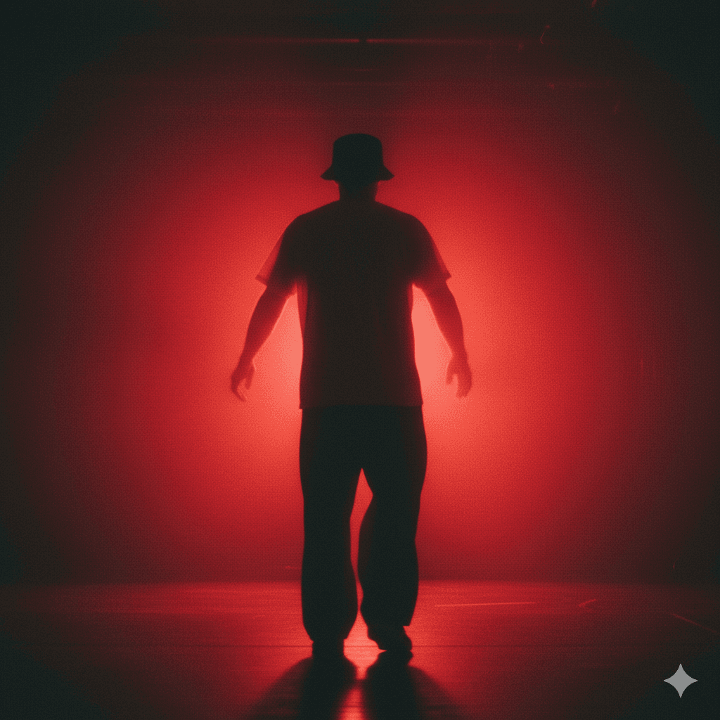 Wide panning cinematic shot of a short white man in silhouette, dancing slowly to deep house rhythms. His back faces the camera completely, obscuring his identity. He wears a bucket hat and loose, flowing clothes. The shot is soft-focus with atmospheric haze, motion blur trailing his movements, and heavy film grain. The background glows with a rich red gradient, evoking an underground club scene with moody, analog texture.