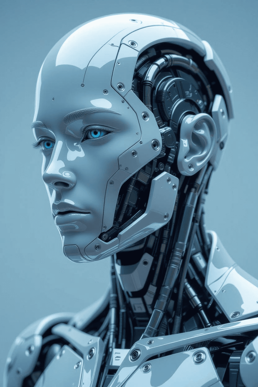 A minimalist futuristic portrait of a male mechanical artist, rendered with hyper-precise detail. His body is composed of sleek, lustrous metallic components, polished to a mirror-like sheen that reflects cold technological brilliance. His face is a harmonious fusion of art and engineering — a complex yet orderly arrangement of mechanical forms, wires, and panels that flow seamlessly like sculpted geometry. His eyes shimmer with innovation, glowing softly through intricate inner structures, radiating intelligence and creative depth. Set against a pure white, empty background, all attention converges on his presence. The composition embodies the balance between futurism and minimalism — breathtakingly simple, yet profound, evoking both the elegance of high design and the ingenuity of a visionary creator.