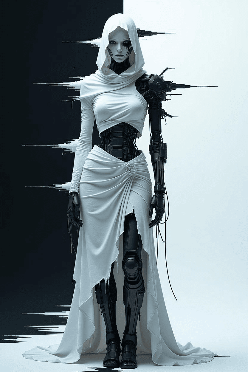 Glitch art portrait of a lone figure standing against a pure white void. She wears torn, weathered white clothing, the fabric frayed yet graceful, carrying echoes of a forgotten past. From her right side, intricate mechanical extensions emerge — polished metal, exposed wiring, and cold futuristic implants seamlessly fused with her body. The glitching distortion fragments her silhouette, flickering with digital artifacts and chromatic aberrations, as though her existence is unstable. The minimalist composition — stark figure against empty whiteness — heightens the sense of isolation, beauty, and melancholic tension. The image captures a haunting balance between decay and futurism, fragility and machine precision, evoking the feeling of an unfinished story suspended in time.