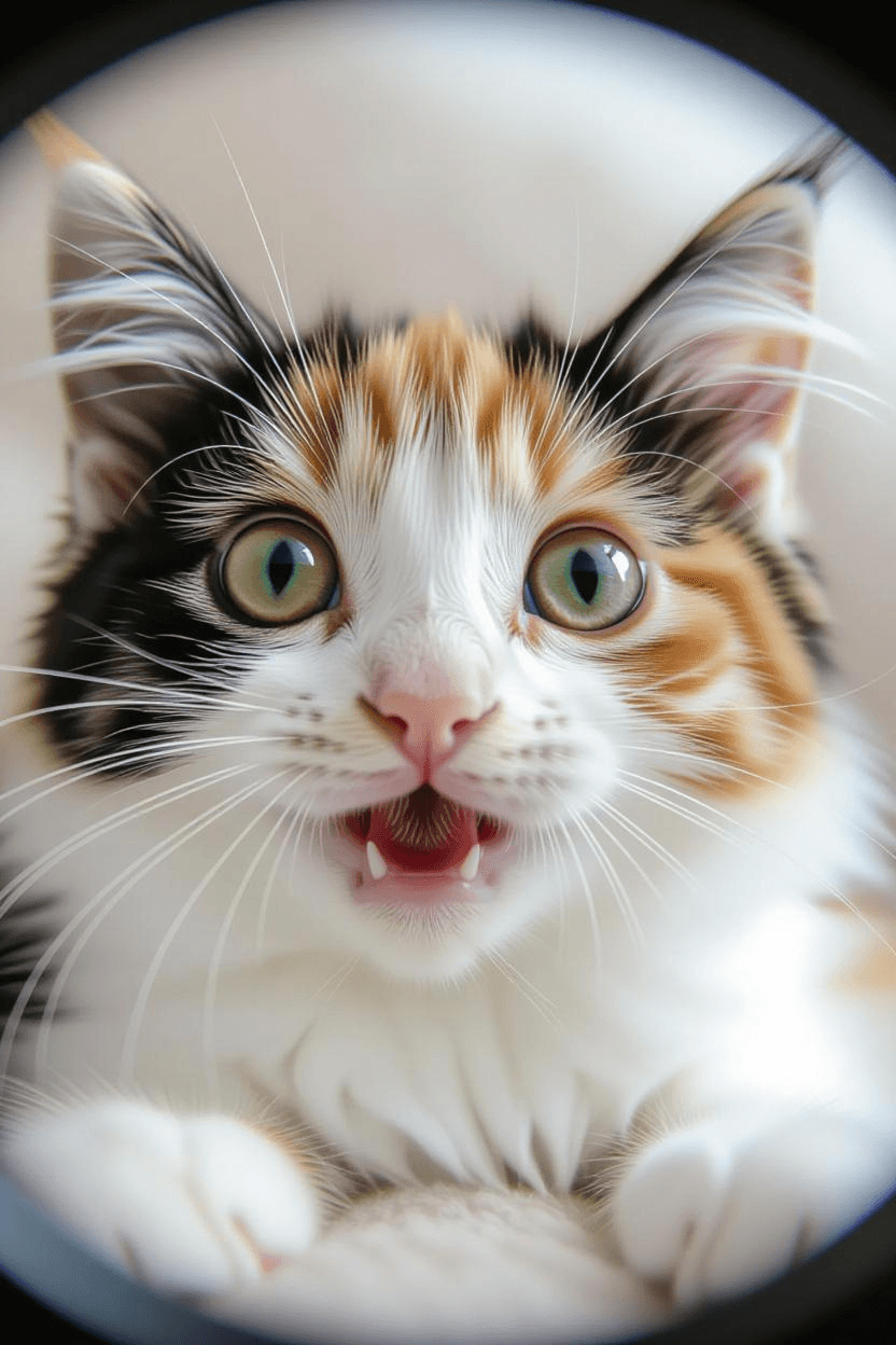 A hyper-realistic digital close-up of a calico kitten, its white, orange, and black fur fluffed out in soft detail. Seen through a fisheye lens, its face is comically distorted — an oversized round head, huge gleaming green eyes stretched wide with silly curiosity, a tiny nose pushed forward, and an exaggerated toothy grin that makes it look delightfully goofy. The perspective warps the proportions so the kitten's cheeks puff out and its forehead bulges slightly, adding playful charm. The background shows a softly blurred, warm indoor room, also bent by the fisheye curve, enhancing the quirky effect. Rendered in vibrant colors and fine fur detail, the image radiates pure cuteness with a touch of comic exaggeration, like an irresistibly funny and adorable selfie.
